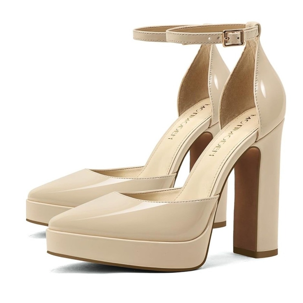 Motimoden Platform Pumps Women 11 Beige Patent Pointed Toe Ankle Strap MOT NWOT